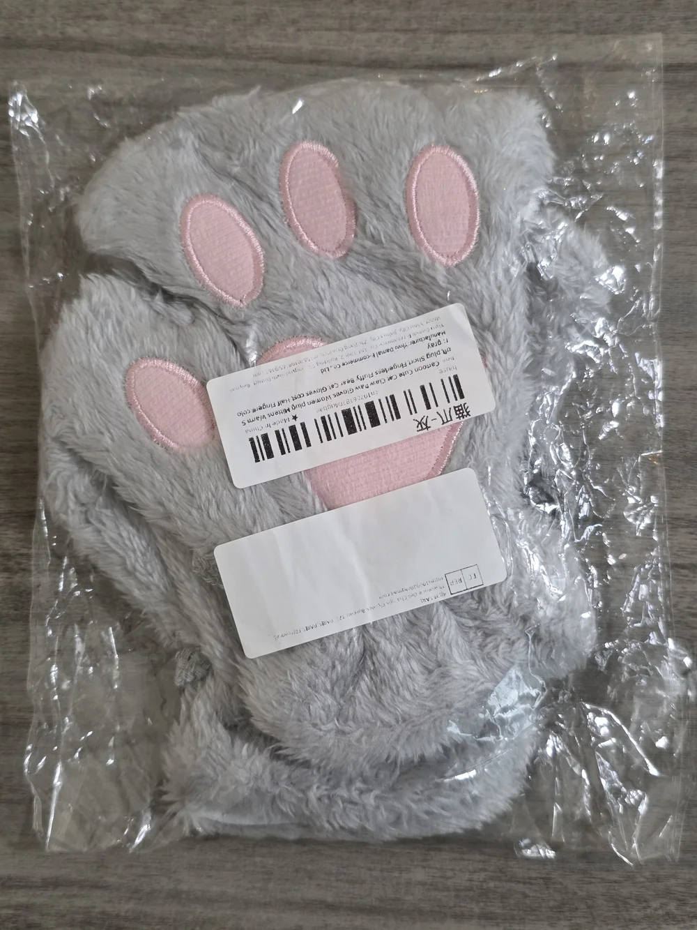 Gray Plush Paw Mittens with Pink Pads